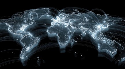 Glowing lines trace global connections on a dark background, forming a luminous world map with emphasis on major population centers and their interconnectedness