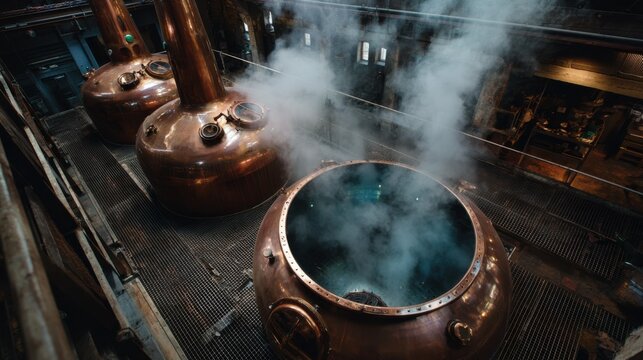 Distilling spirits process distillery industrial setup indoor environment aerial view craftsmanship and tradition