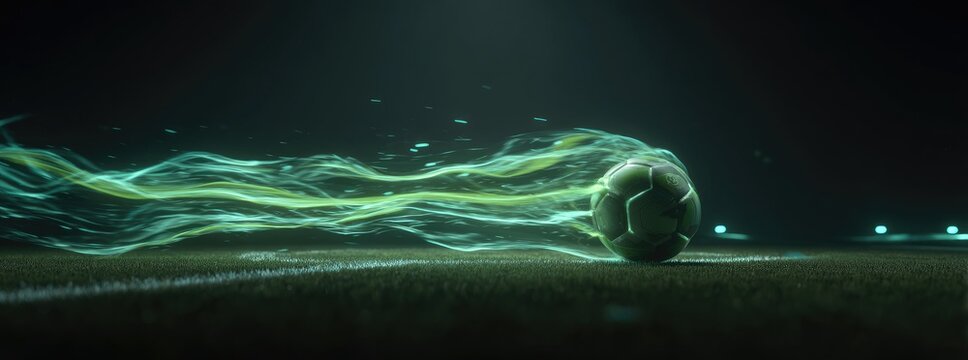 Glowing green soccer ball streaks across dark field, leaving ethereal trail of light
