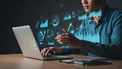 Person interacting with a holographic financial data display - Powered by Adobe