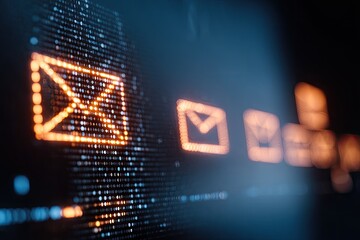Glowing orange email icons on a dark digital matrix background, suggesting online communication or data transfer