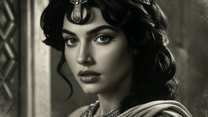 Posing Middle Eastern woman wearing headpiece, necklace, draped garment in room with carved panel