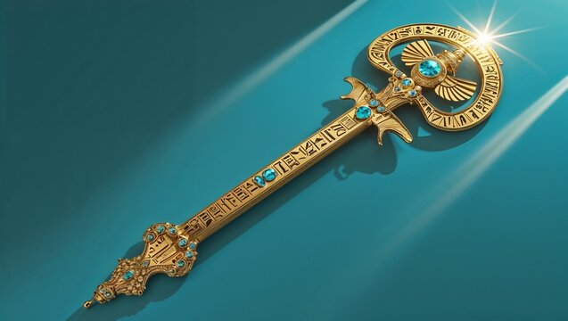 Displaying golden key with engraved hieroglyphs lying on teal surface, showing turquoise gemstones - Powered by Adobe