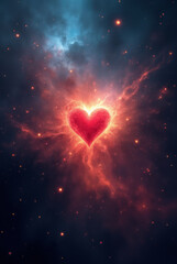 Small Red Heart at Center of Cosmic Light Explosion with Stars