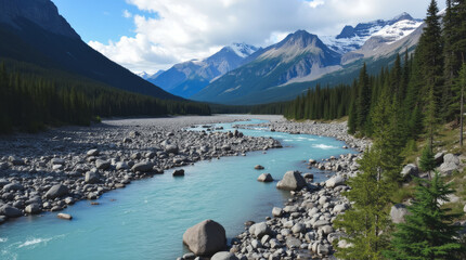 Jasper National Park Canada — Athabasca River Winding Through Dramatic Rocky Valleys and Glaciers