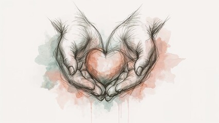 Cupping two pencil-sketched hands holding heart shape against watercolor backdrop, with paint drips