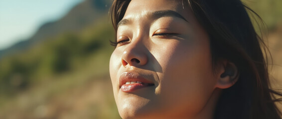 Asian Woman in the Galápagos Islands - Extreme Close-Up Portrait of an Asian Woman, Her Eyes Closed