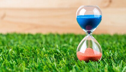 Blue And Red Sand Hourglass On Green Grass