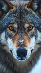 Extreme Close-Up of a Gray Wolf’s Wild Primal Face with Sharp Amber Eyes and Thick Fur Ruff