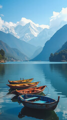 Phewa Lake Nepal Peaceful Lake with Colorful Boats and Annapurna Peaks Reflection