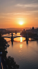 Danube River Hungary — Sunset on the Danube in Budapest with Reflections of Historic Buildings and Bridges