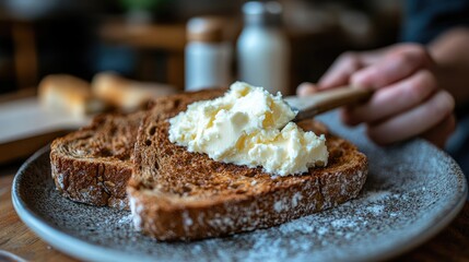 Butter is applied on toast with a knife on a gray plate, with other foods in background