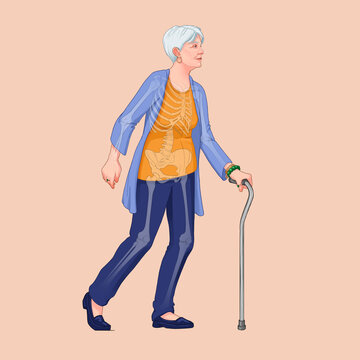 Medical illustration of an old lady with a walking stick and skeletal anatomy