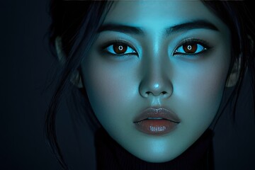 Young, beautiful face with intense gaze in blue lighting, dark hair, and soft features
