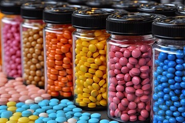 Rows of colorful capsules displayed in glass jars, some spilled around the base