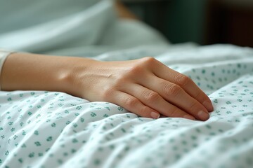 Human hand resting on a patterned hospital bed sheet close up with medical vibe
