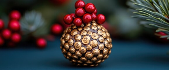 Festive round, textured bauble topped with red berries sits amidst greenery. Holiday spirit