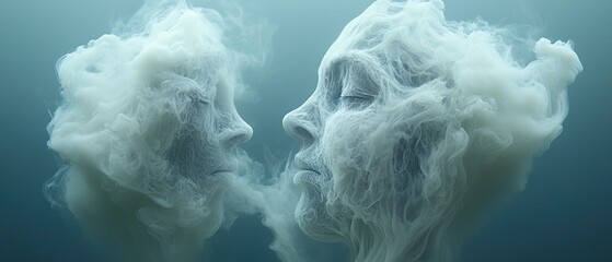 Ethereal faces emerge from misty clouds in a serene blue atmosphere