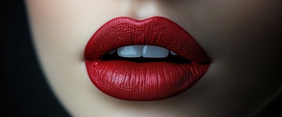 Woman's lips with red lipstick. Plump lips and white teeth. Dark background