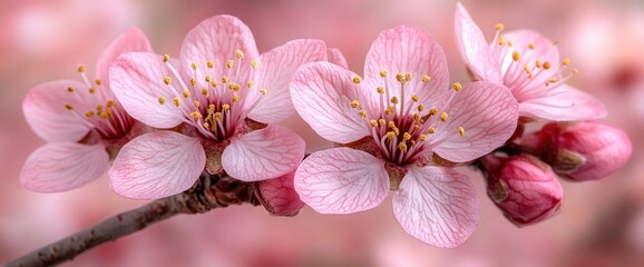 Pink petals on branch with pink floral background; blossoms in full bloom; delicate texture