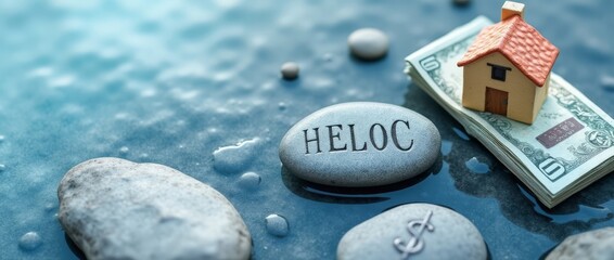HELOC Water Smooth: Financial Flow on Serene Blue-Gray River Stone Surface with Zen-Like Layout