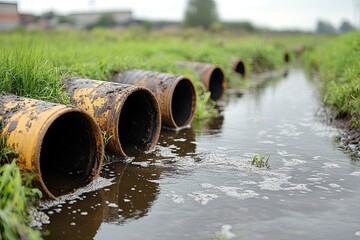 Weathered pipes drain into a shallow stream surrounded by green grass in an open field