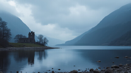 Highland Lake Scotland — Moody Skies and Still Water with Ruins of Stone Castle