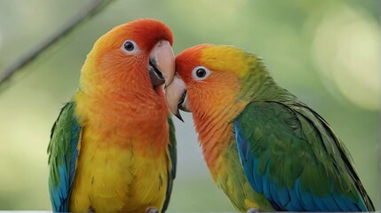 A pair of colorful lovebirds, one with orange and yellow plumage and the other with green and yellow, affectionately nuzzle each other in a tropical setting