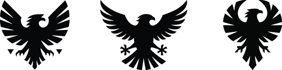 Obraz premium Set of Three Eagle Heraldic Emblems in Black Silhouette Style