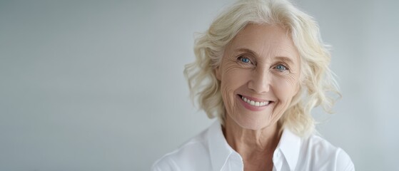 The cheerful elderly woman with a warm smile exuding positivity and grace.