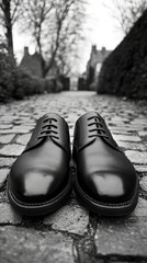 Black, laced shoes set on aged stone street, with buildings in distance