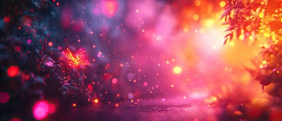 Dreamy, colorful scene with glowing orbs, foliage, and textures create a magical ambiance