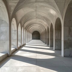 Long Concrete Corridor with Archways and Light Shadows