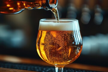 Pouring golden beer into a glass, creating a bubbly and refreshing beverage, background is blurred
