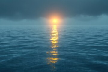 Golden sun shines over the ocean on a dim day; ripples reflect on water