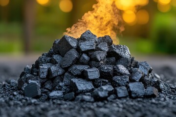 Dark stones sit in a pile. Smoke rises from the top with bokeh lights in the background