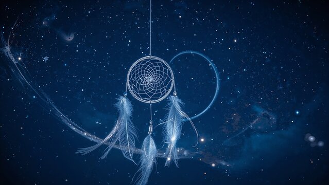 Swaying dreamcatcher hoop with web and hanging cords, feathers and beads against space backdrop - Powered by Adobe