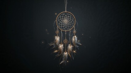 Hanging ornate dreamcatcher glowing against dark backdrop, with charms, pale feathers and sparkles