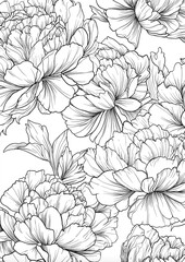 Minimalist line art drawing of peonies and leaves in black outline on a white background. Clean, elegant composition with no shading, perfect for adult coloring pages or relaxation activities.