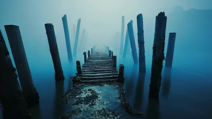 Mysterious pier with wooden posts in water, atmospheric scene