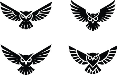 Fototapeta premium Four Stylized Owl Designs with Wings Spread in Black Silhouette Style silhouette