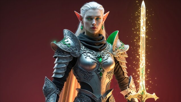 Wielding elf warrior raising radiant golden sword against deep red backdrop, with silver armor - Powered by Adobe