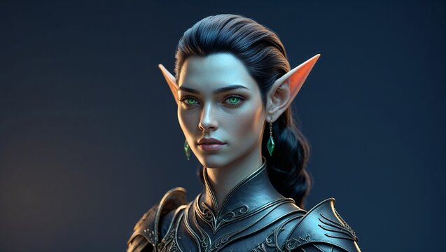 Posing female elf warrior wearing engraved steel armor, green gemstone earrings in portrait studio - Powered by Adobe