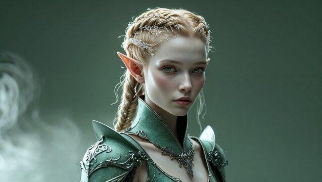 Portraying female elf warrior wearing ornate green metal armor in studio, with braided hair beads