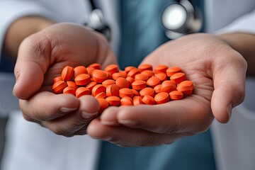Doctor holds orange pills in hands, wearing lab coat and stethoscope around neck