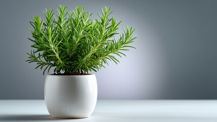 Fresh rosemary growing in modern white pot adds touch of greenery to any space