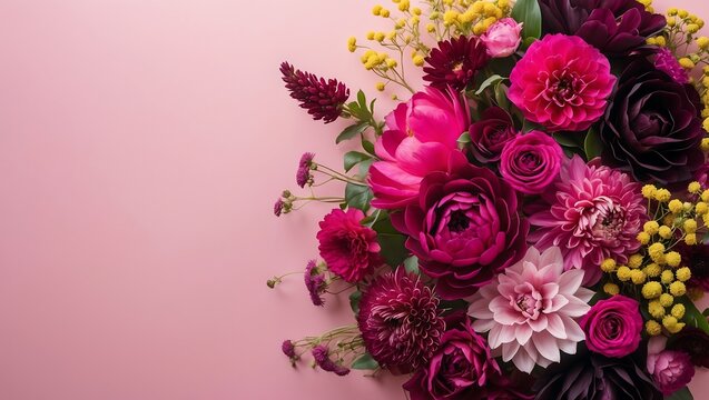 Beautiful bouquet of pink and burgundy flowers with yellow accents on a pink background - Powered by Adobe
