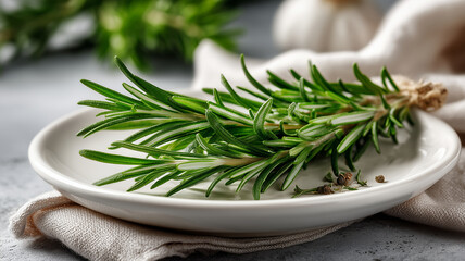 Fresh rosemary sprig neatly placed on white plate, enhancing culinary appeal