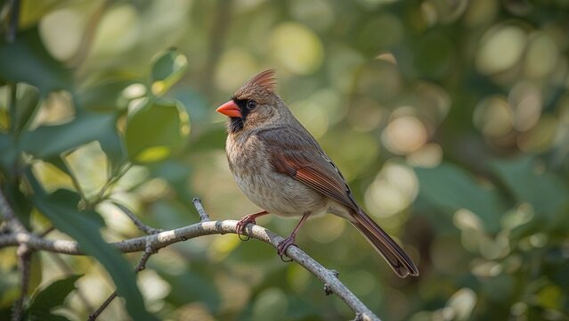 Perching female northern cardinal raising crest on twig in garden edge, with green leaves and bokeh