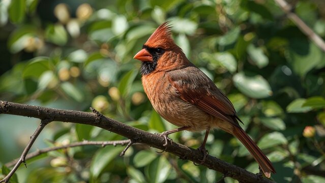 Perching male Northern Cardinal raising crest on tree branch in backyard, with leafy vegetation